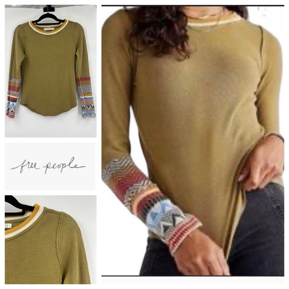 Free People We The Free Alpine Cuff Thermal Top Olive Green Medium OB1003433‎